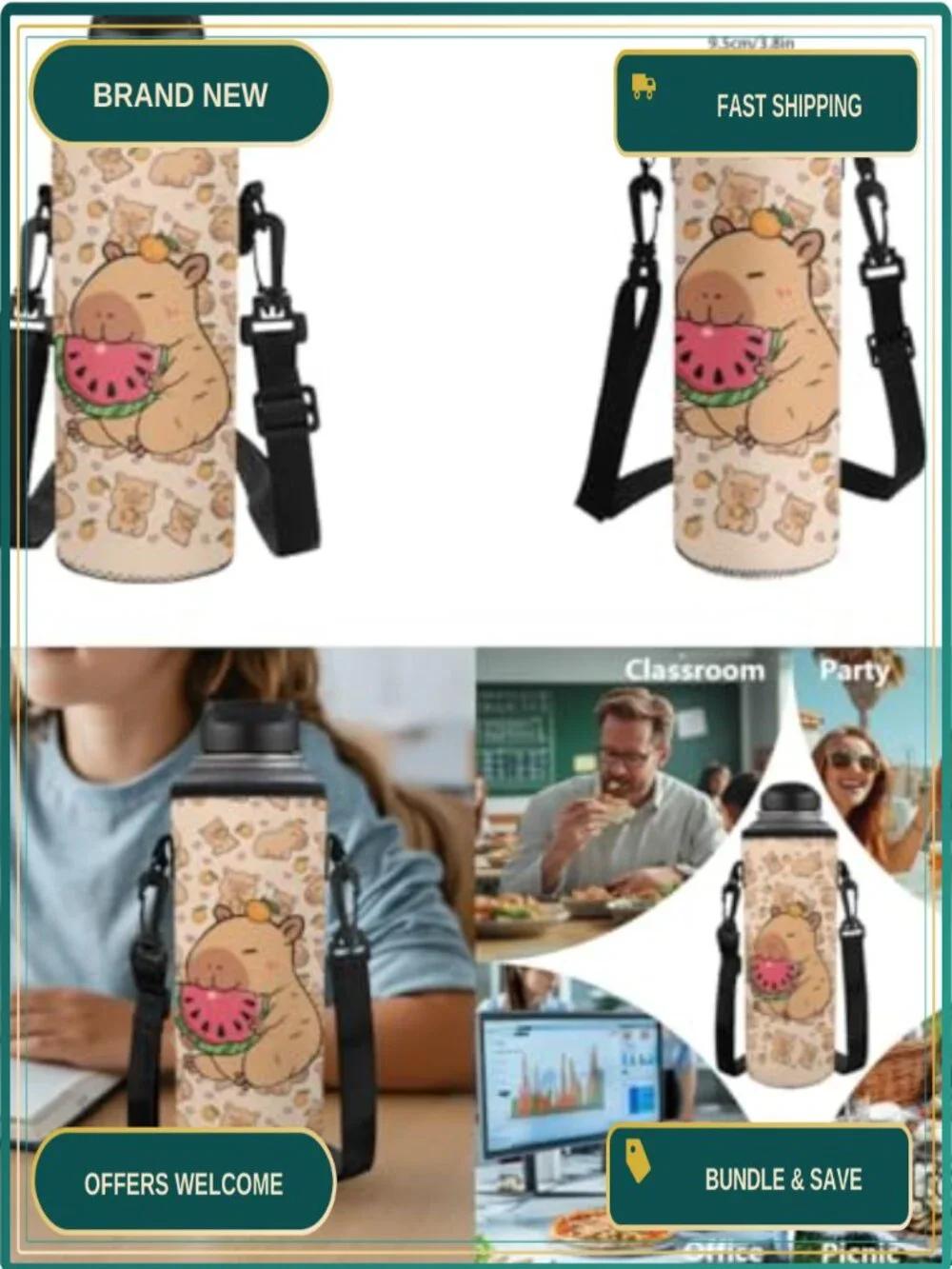Watermelon Capybara Kids Backpack 5PCS Set with Lunch Bag Pencil Case Water